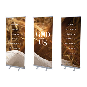 God With Us Manger Gold Triptych 2'7" x 6'7"  Vinyl Banner